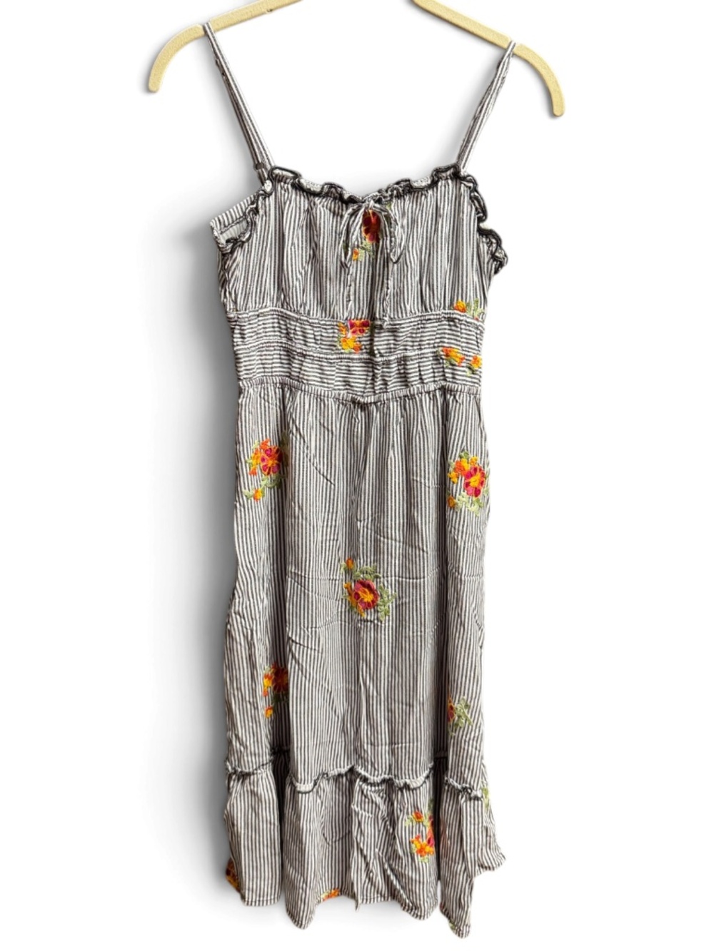 AUW Black White Striped Floral Embroidered Sundress Rayon Boho Small